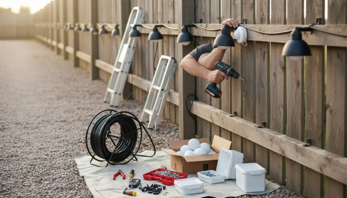 Udendørs installation ved et 30 meter stakit med teknikerens hænder, kabeltromle, PIR‑følere og ti sorte skotlamper monteret langs hegnet.