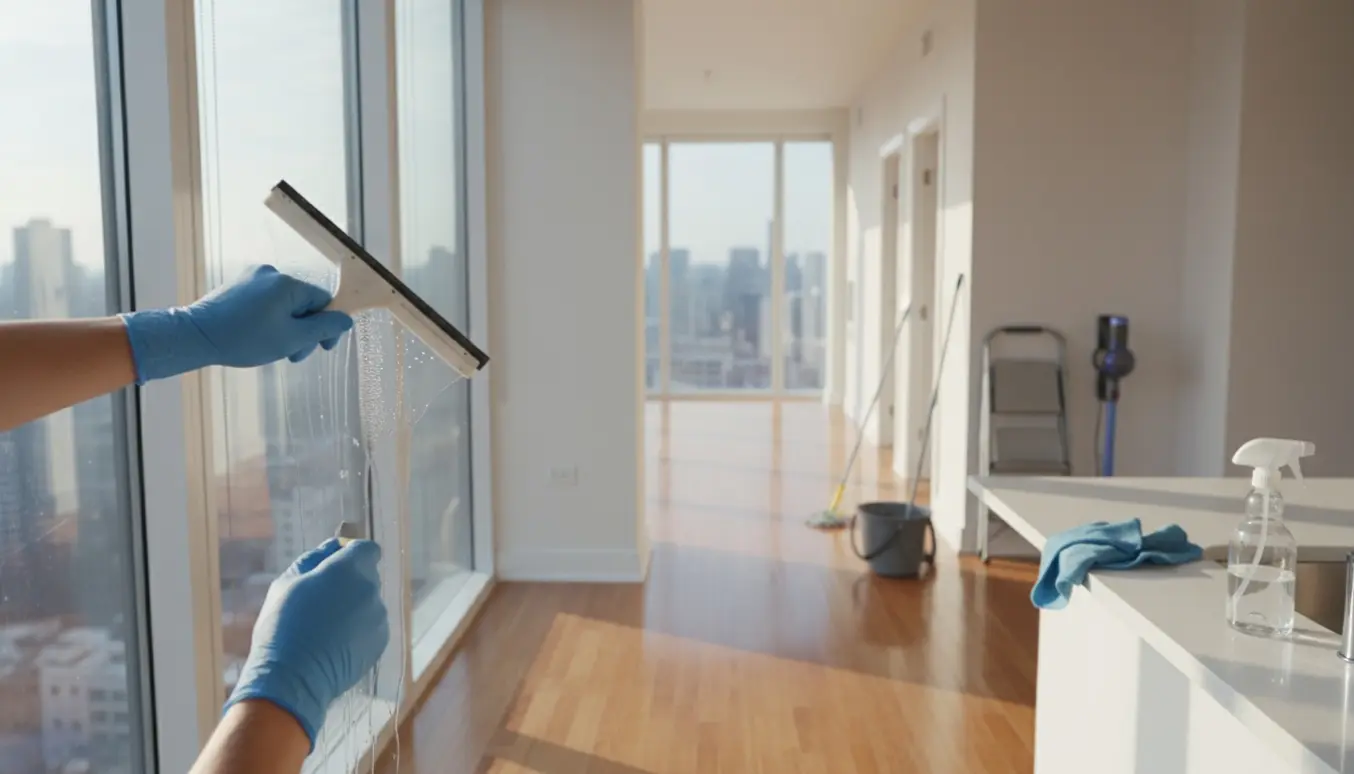 Handskerede hænder pudser et stort vindue i en solfyldt, nyrengjort og tom lejlighed med rengøringsudstyr.