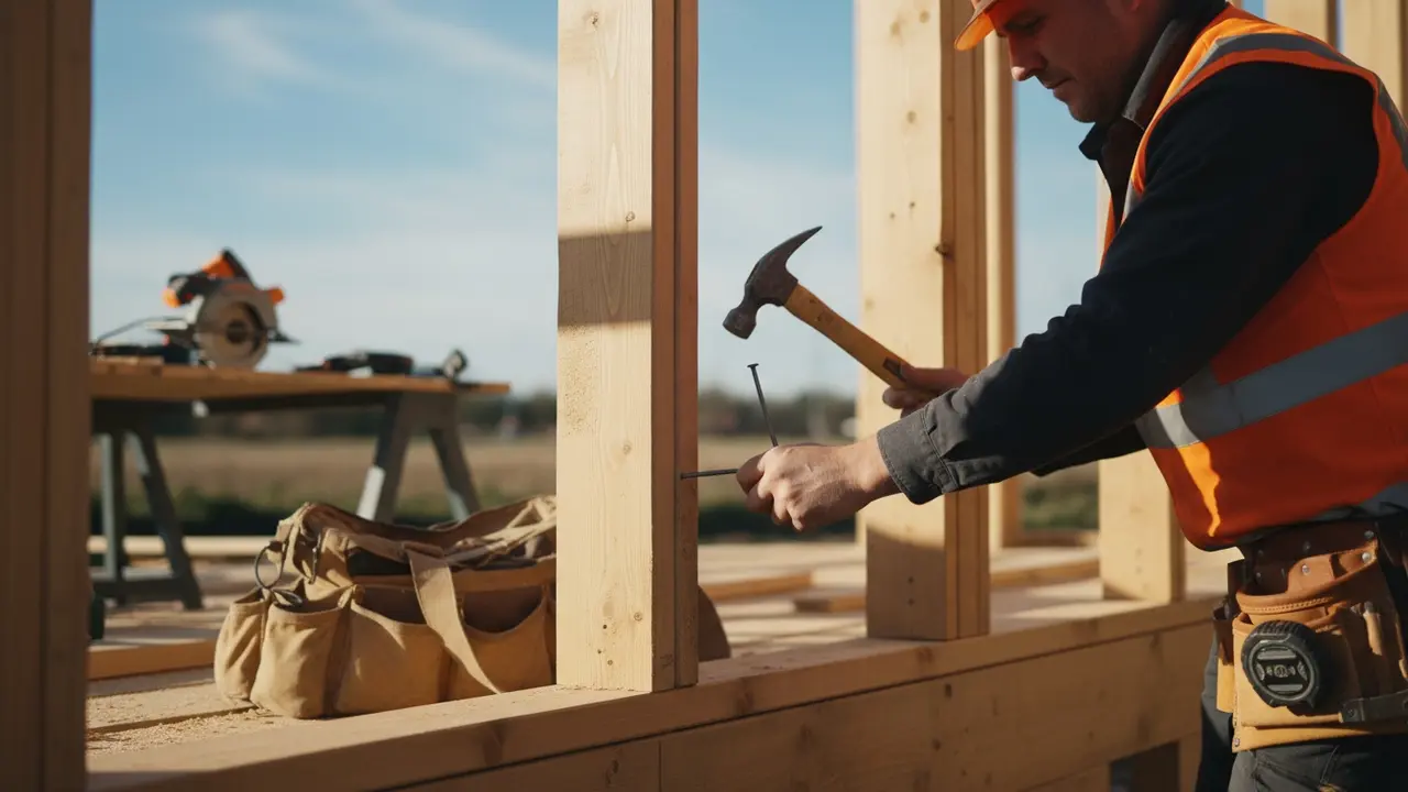 Tømrer på byggeplads bygger trækonstruktion med hammer og hjelm