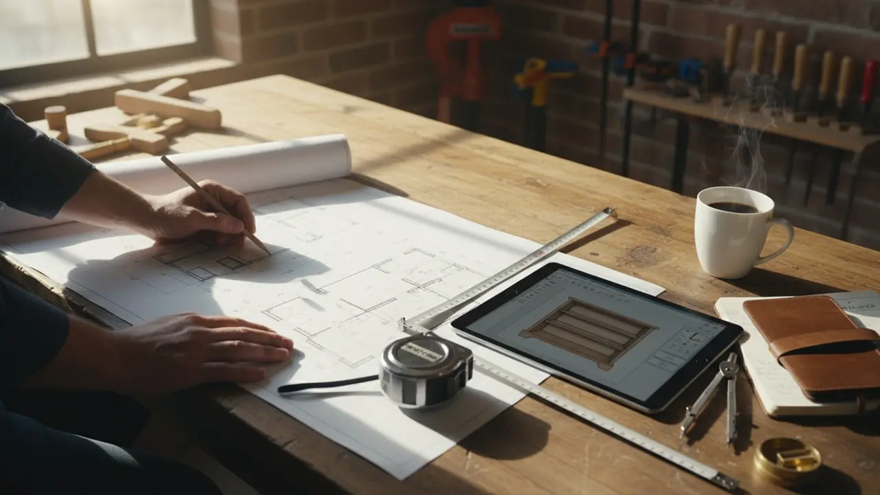 Person planlægger tømrerprojekt med skitser, målebånd og tablet