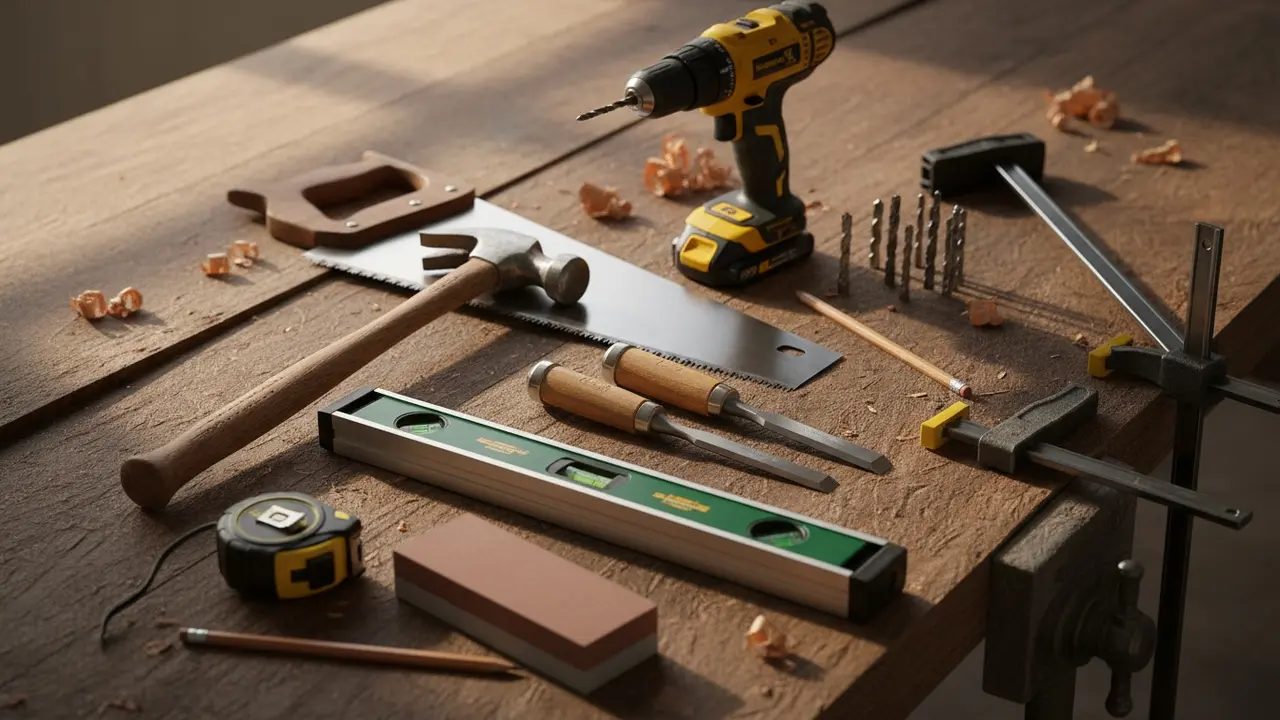 Oversigt over tømrerens værktøj på arbejdsbænk: hammer, boremaskine, sav og vaterpas