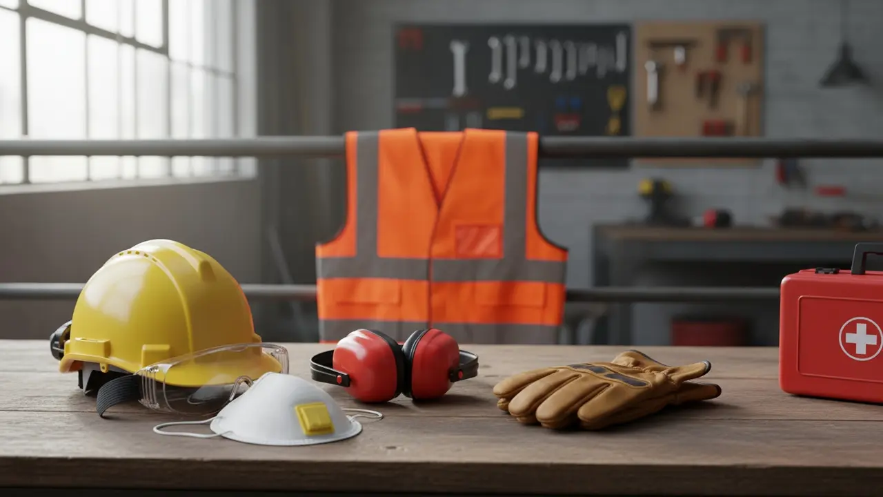 Sikkerhedsudstyr til tømrer: hjelm, briller, høreværn, handsker og støvmaske