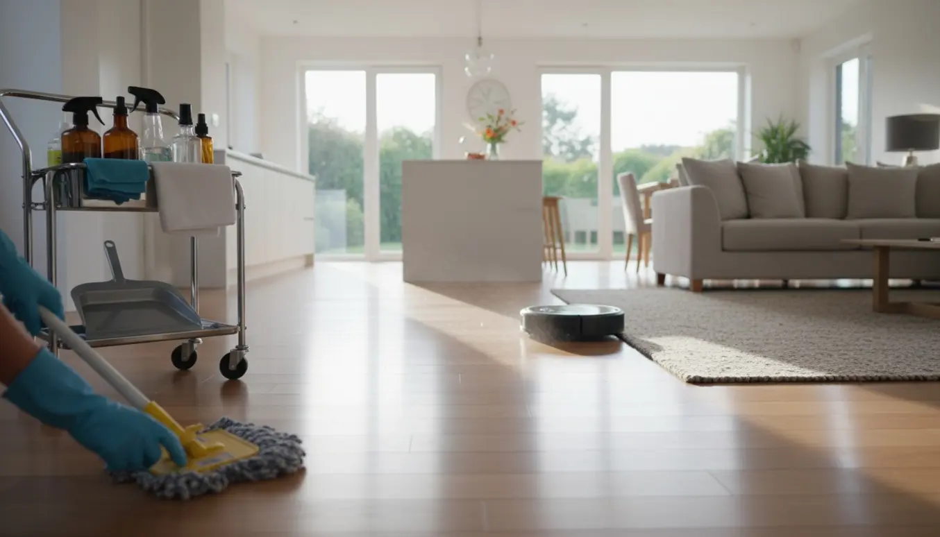 Handsker og rengøringsvogn i en lys, moderne bolig, mens gulvet moppes.
