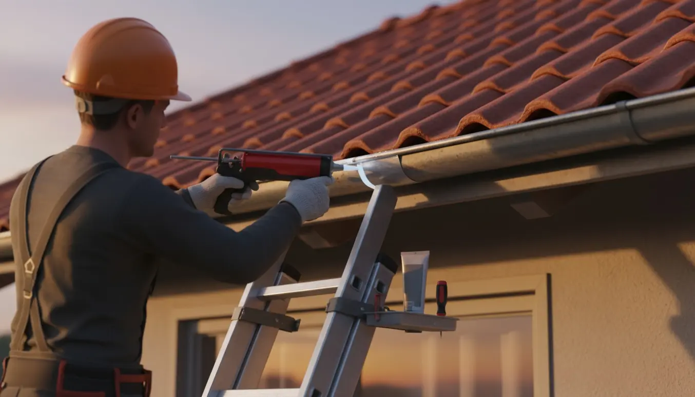 Håndværker på stige reparerer et lille hul i en tagrende med metallap og tætning.