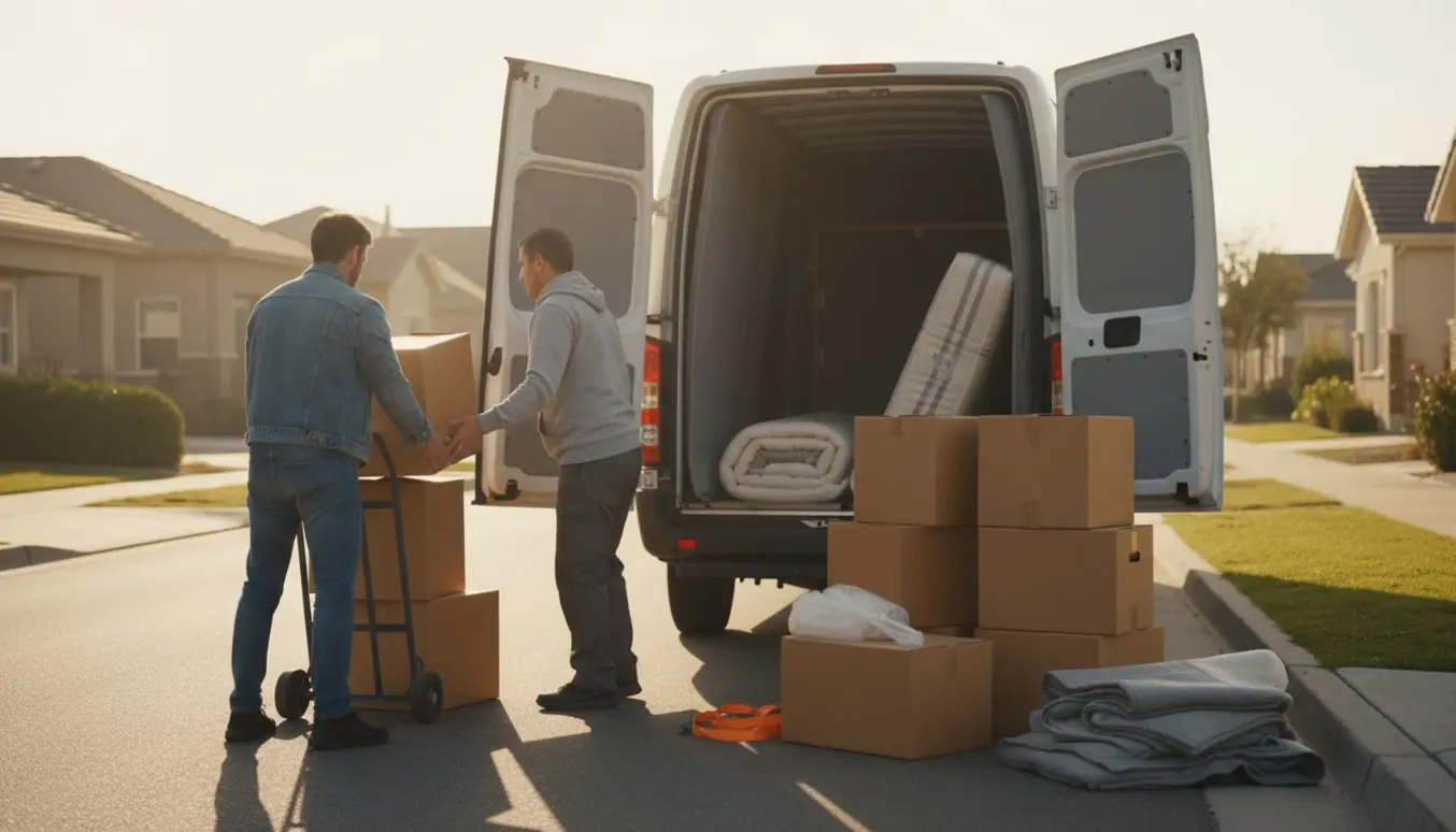 To personer læsser omkring ti flyttekasser ind i en åben flyttevogn tidligt om morgenen.