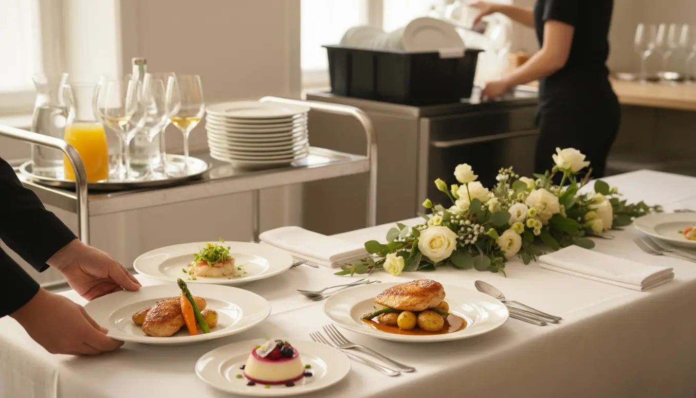 Serveringspersonale anretter tre-retters konfirmationsmenu ved et hvidt dækket bord, mens glas fyldes og tallerkener ryddes.