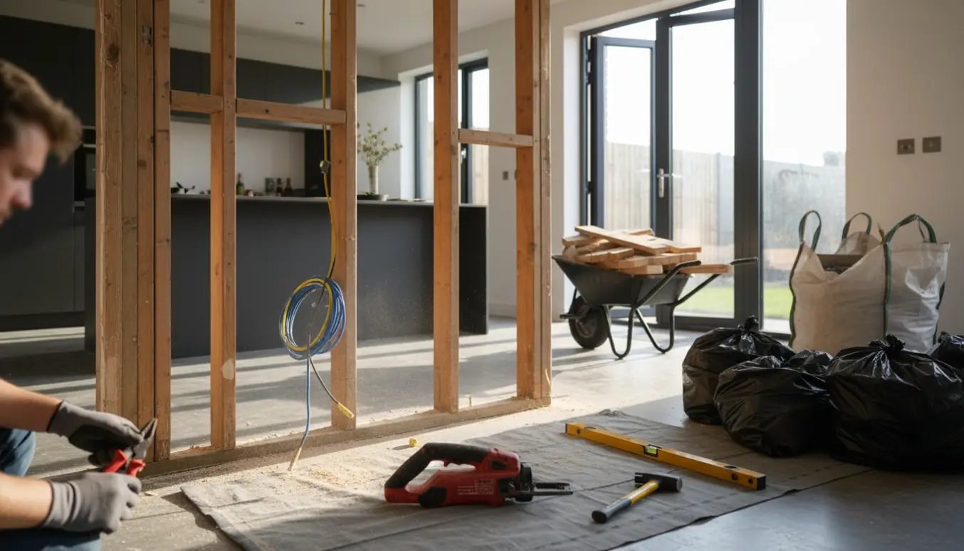Halvt nedrevet trævæg mellem køkken og spisestue med eksponerede spær, ledninger og værktøj klar til fjernelse.