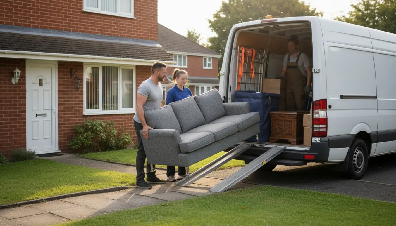 To flyttemænd løfter en 3-personers sofa ind i en varevogn foran et rækkehus, med opbevaringsboks og trækiste klar.