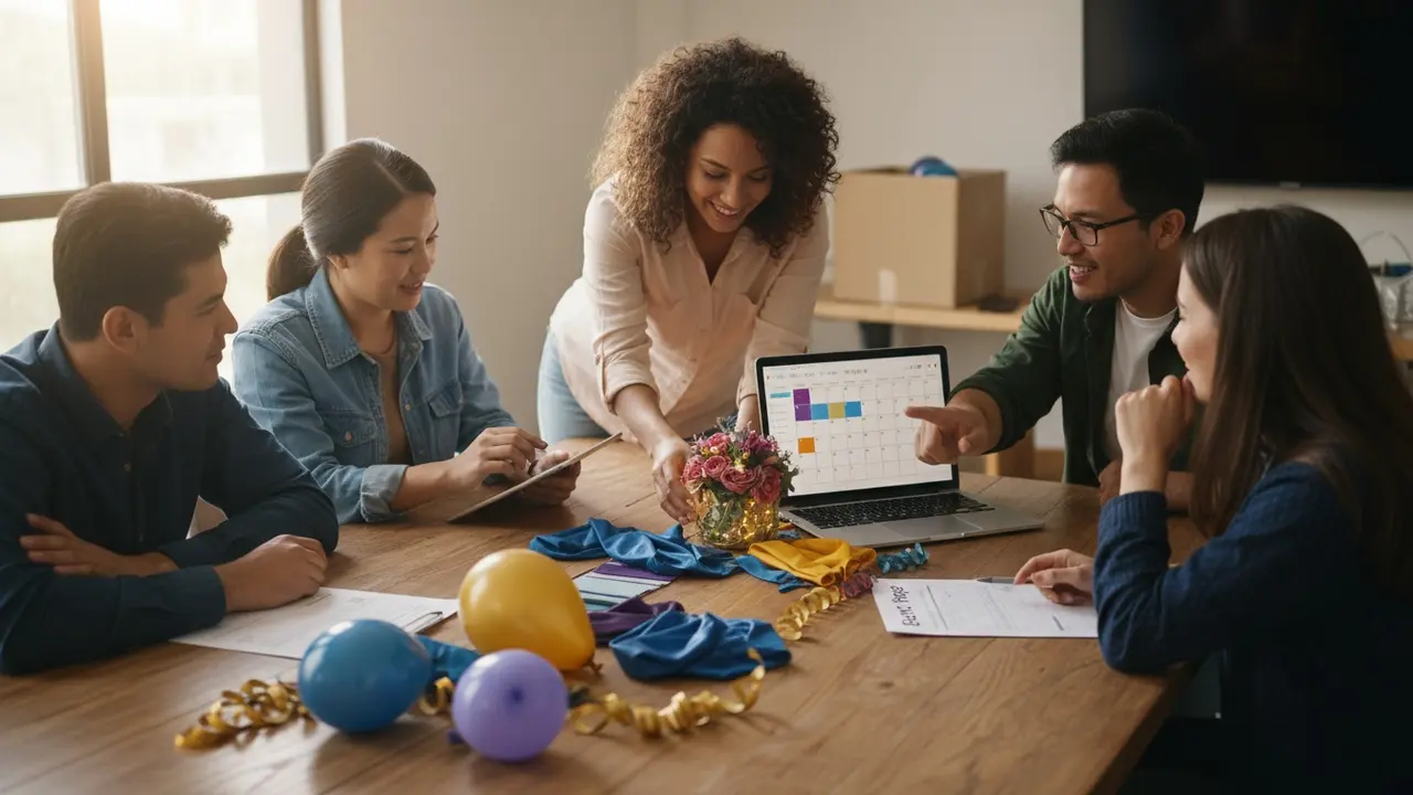 Personer planlægger et event ved et bord med checklistesedler, balloner og dekorationer