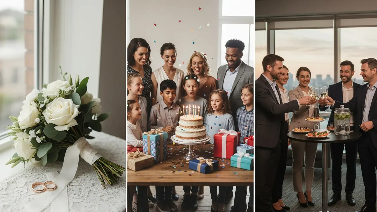 Montage af bryllup, fødselsdag og firmastemning som repræsentation af forskellige events