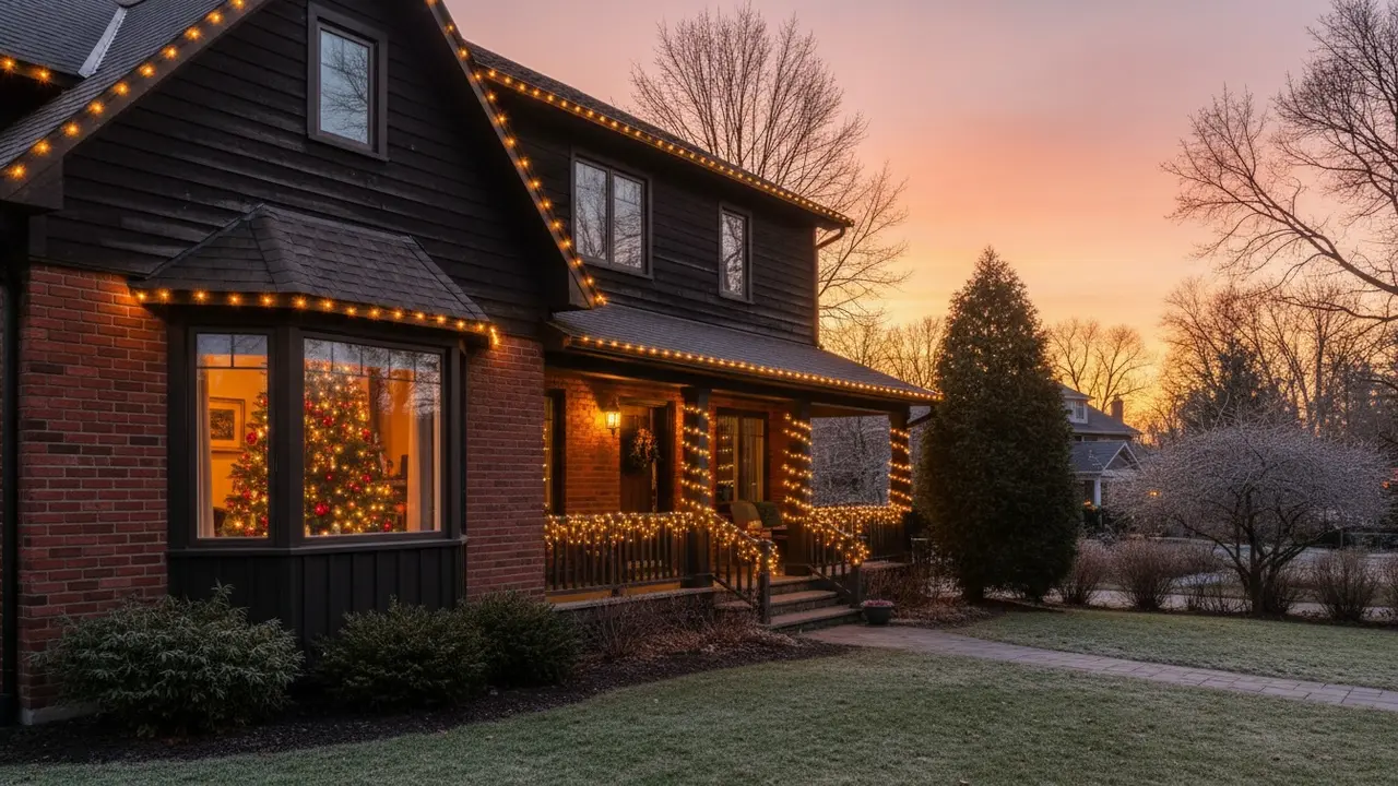 Husfacade i skumring med varme julelyskæder og et oplyst juletræ i vinduet