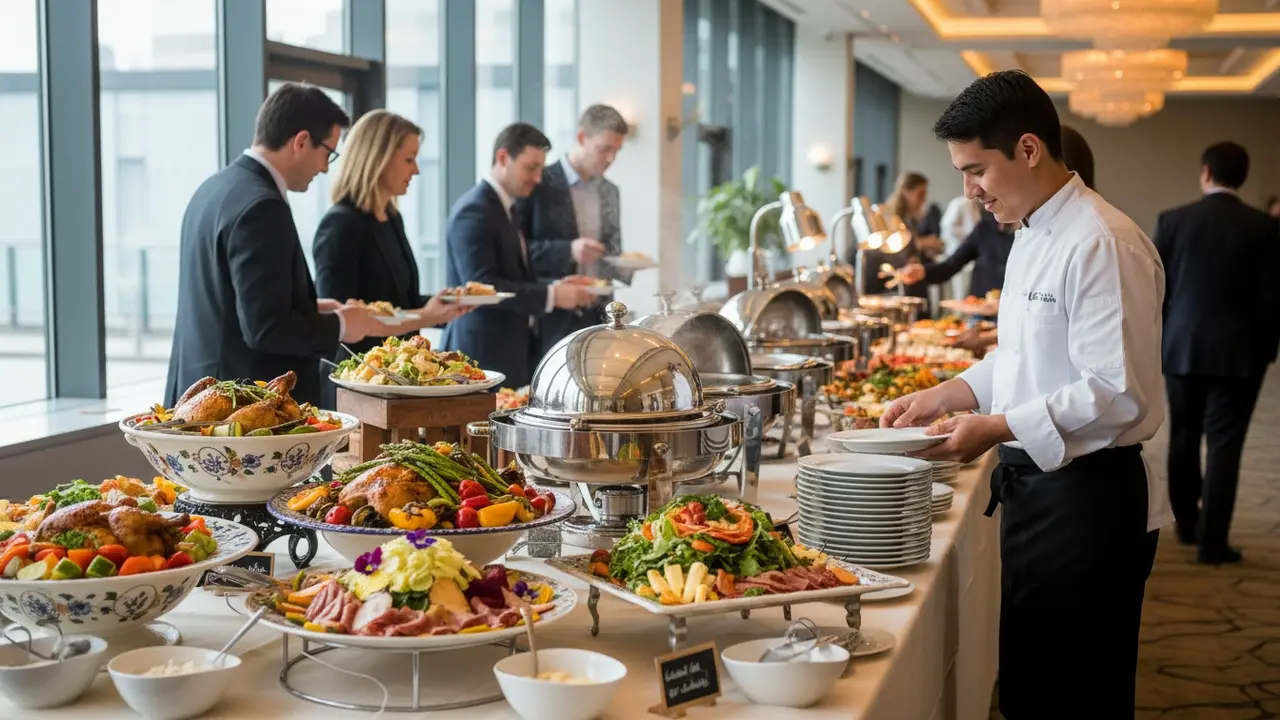 Buffetopstilling med cateringpersonale og gæster der tager mad ved et event