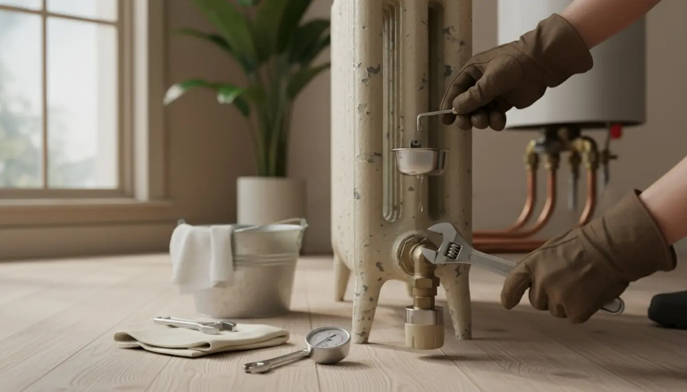 Hænder arbejder med ventil og udluftningsnøgle på en ældre radiator med værktøj lagt klar.