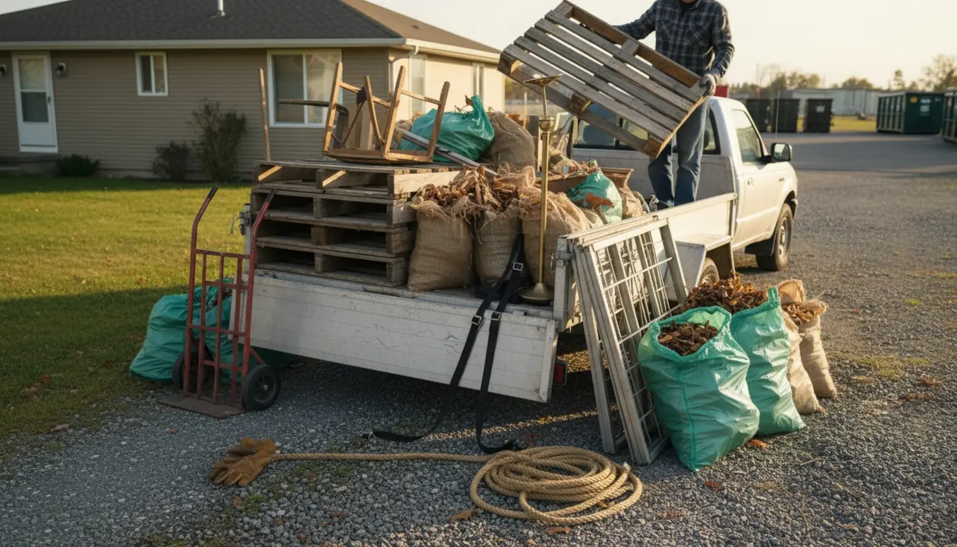 Trailer bliver lastet med paller, sække haveaffald og små storskraldsgenstande foran et parcelhus, personer ses bagfra uden tydelige ansigter.