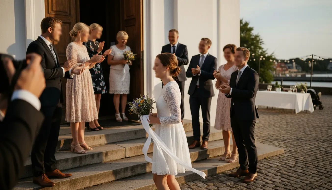 Konfirmand holder blomster foran en hvid kirke i Hellerup med familien samlet på trinene.