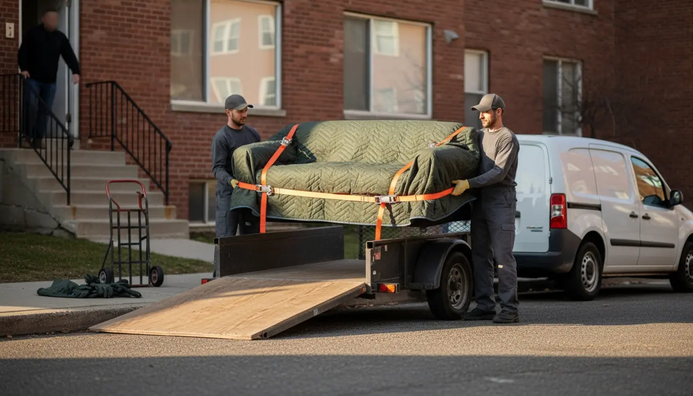 Flyttefolk læsser en stor polstret sofa på en trailer foran en lejlighedsindgang med flyttetæpper og stropper.