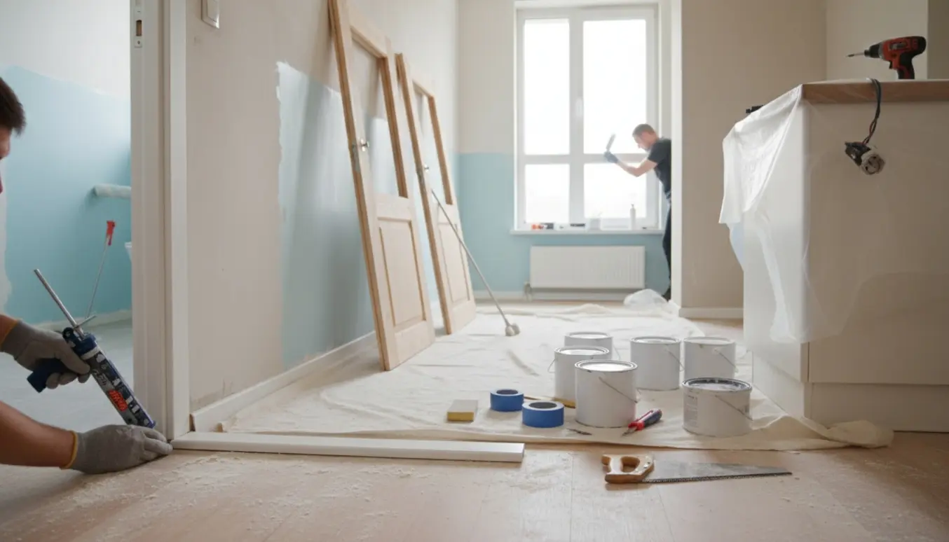 Hænder monterer lister og fuge i en lys, uafsluttet lejlighed med malerværktøj og afdækning.