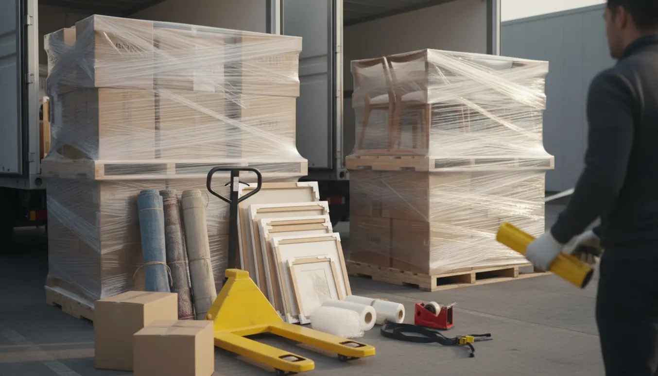 Udendørs læsseområde med paletter, kasser, indpakkede malerier og møbler klar til forsendelse, mens en arbejder omhyggeligt plastpakker en palle.