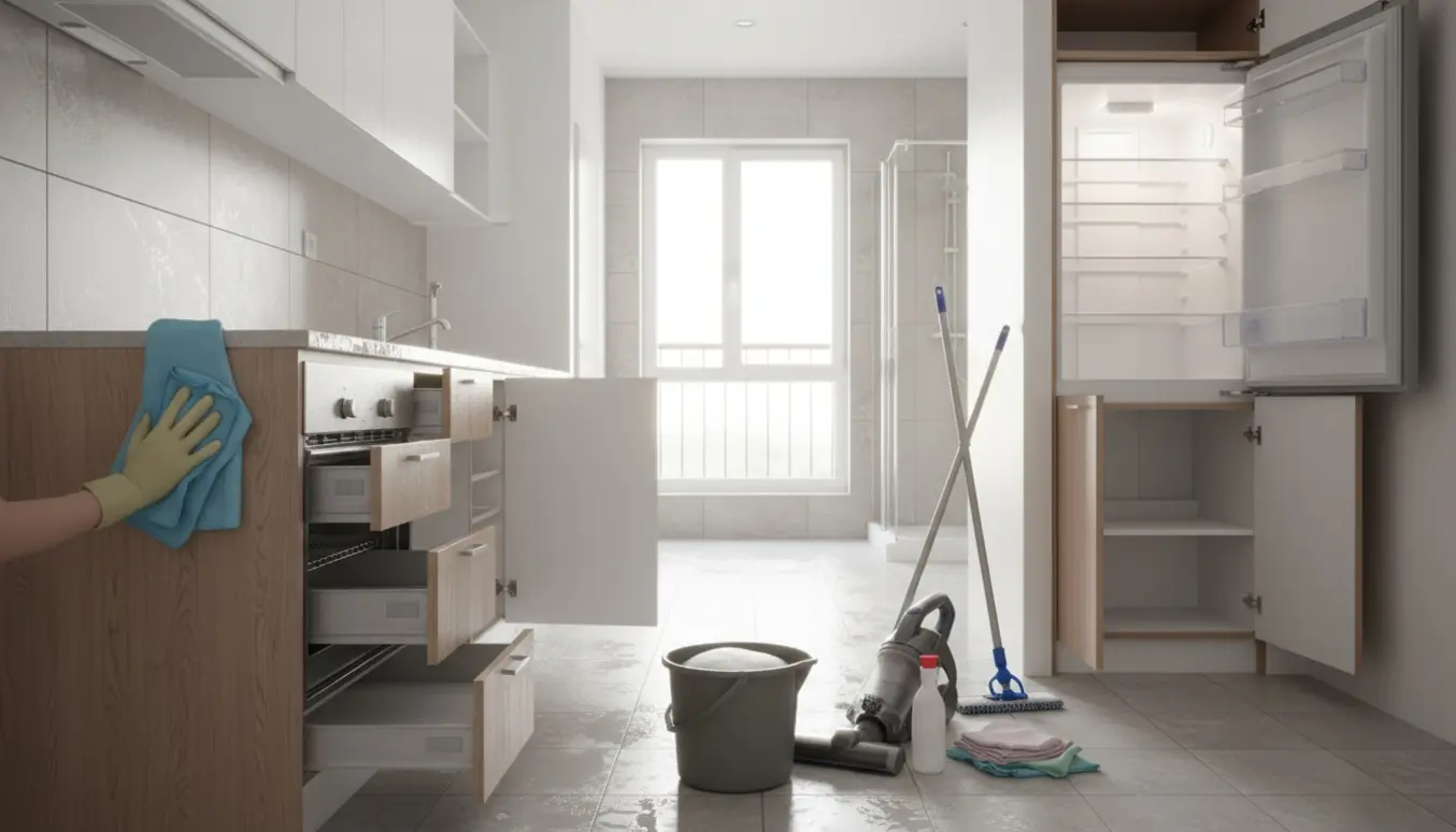 Hovedrengøring af tom lejlighed med åbne skabe, aftørrede overflader og rengøringsudstyr i naturligt dagslys.