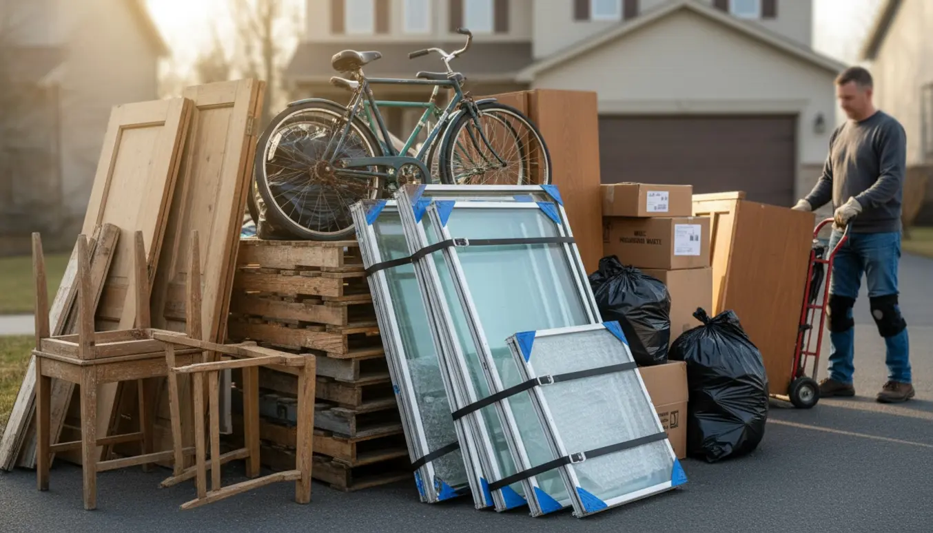 Storskrald samlet ved indkørsel med trærester, døre, paller, gamle cykler, drivhusrammer og poser med husholdningsaffald.