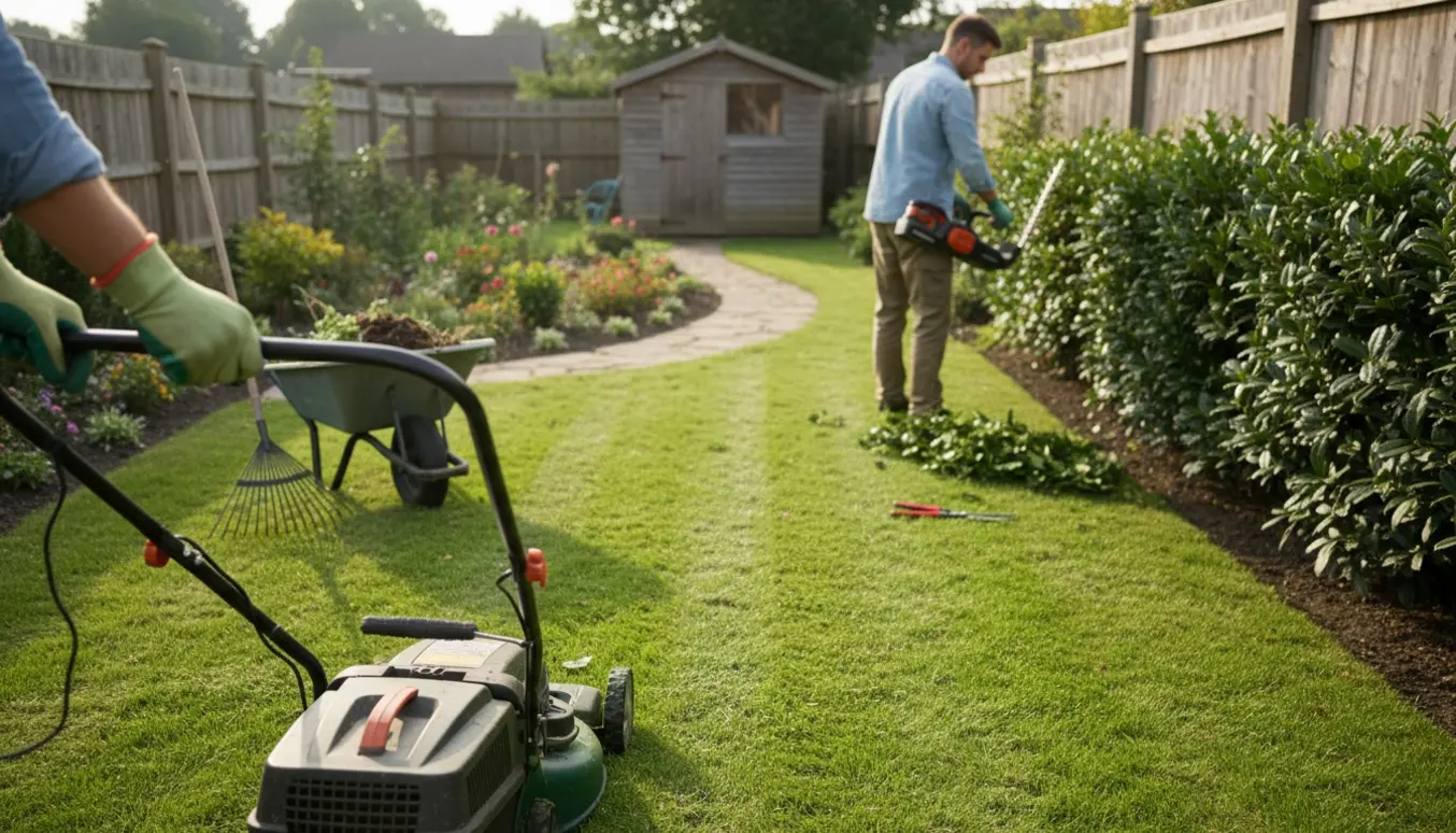 Hækkeklipper og plæneklipper i brug i en velholdt villahave, set bagfra uden synlige ansigter.