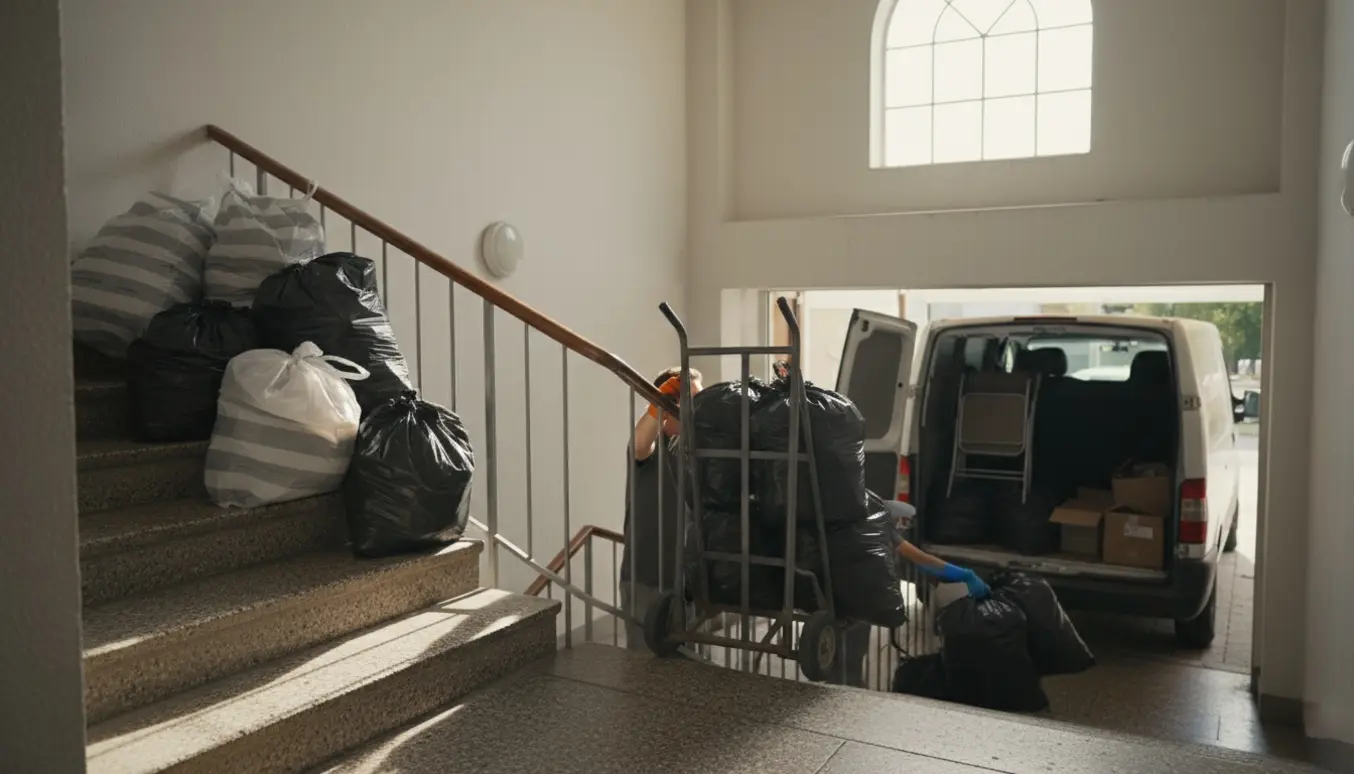 Stueetageopgang med store sorte og hvide affaldsposer på en repos, mens en hjælper flytter en sæk ned ad trappen mod en åben varevogn.
