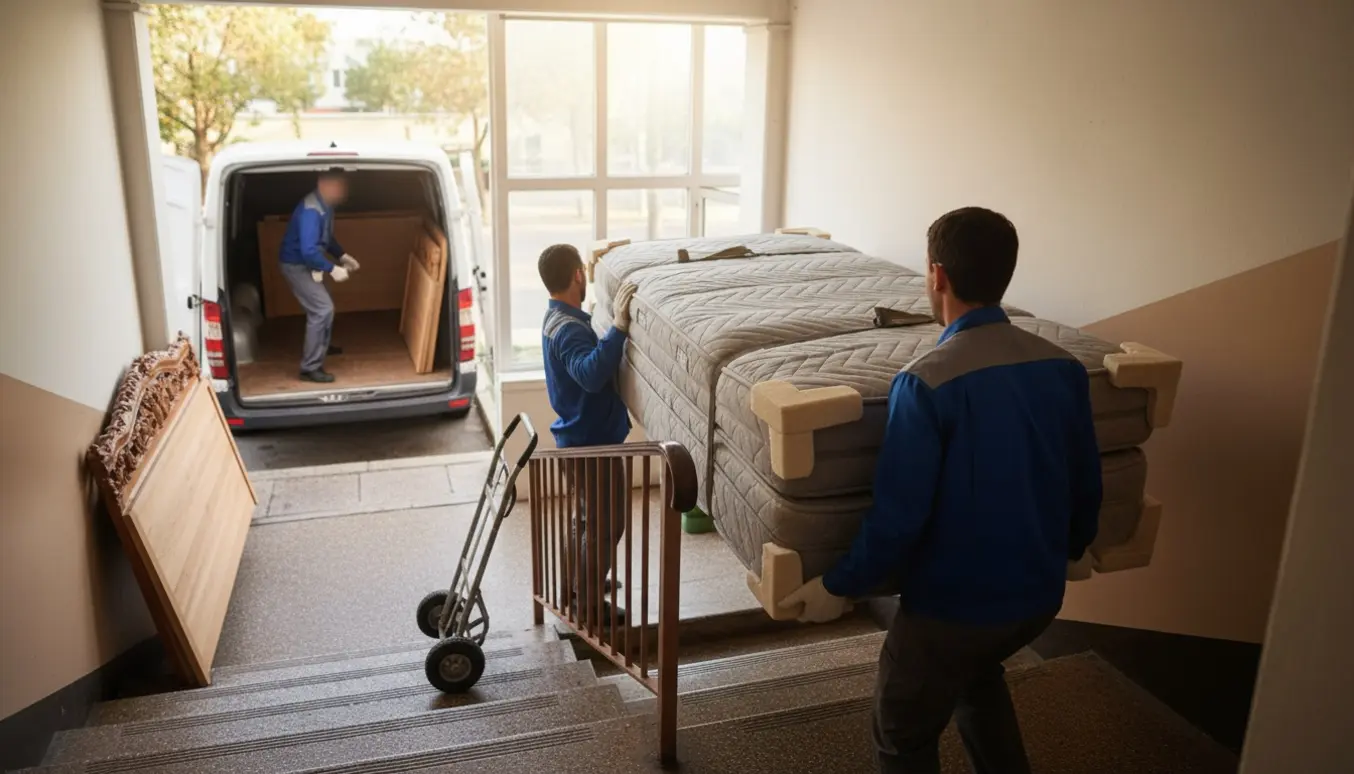 Flyttefolk bærer en adskilt 140 cm seng op ad en trappe ved en åben flyttevogn.