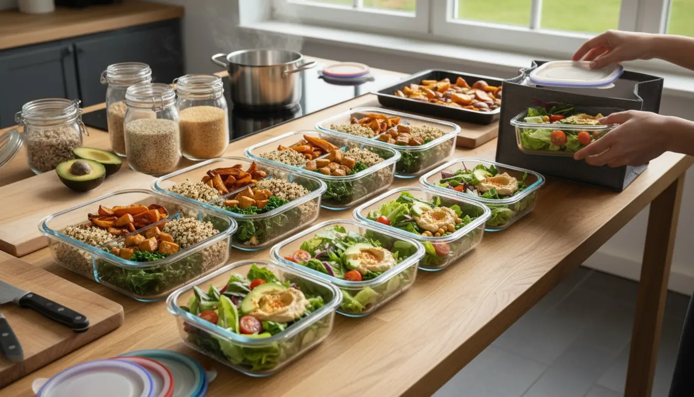 Lyst køkkenbord med åtte veganske madpakke- og aftensmadsbokse klar til ugens måltider.