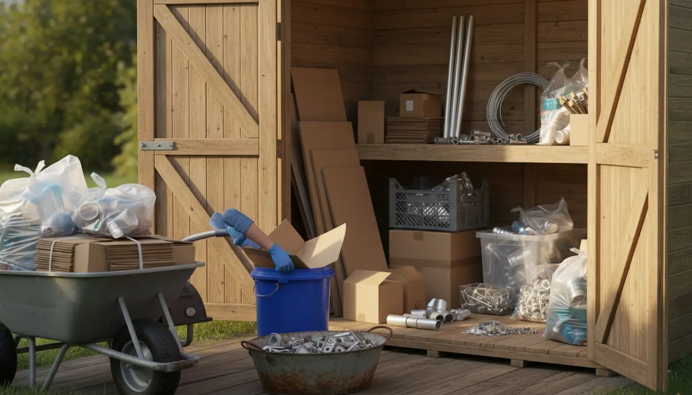 Åben skur med handskerede hænder, stabilt sorteret pap, metal og plastik klar til bortskafning ved lossepladsen.