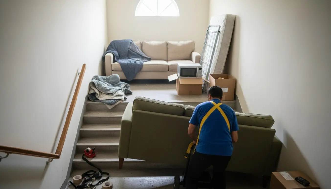 En person trækker alene en trepersoners sofa op ad en smal trappe med flyttetæpper, sækkevogn og en mikroovn i baggrunden.