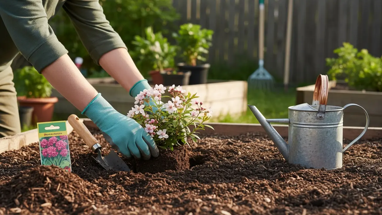 Gartner planter en ung busk i et hævet bed med handske, spade og vandkande i solen.