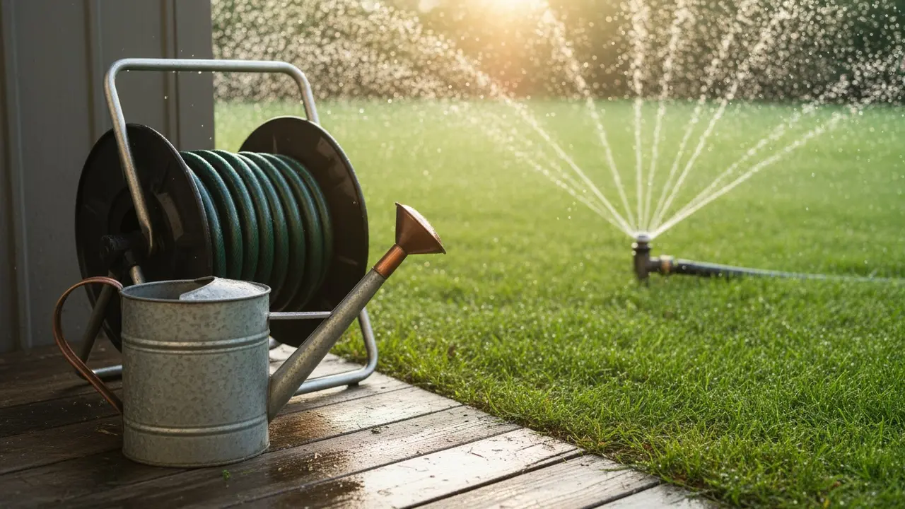 Haveudstyr: haveslange på rulle, vandkande i forgrunden og sprinkler i funktion på plænen.