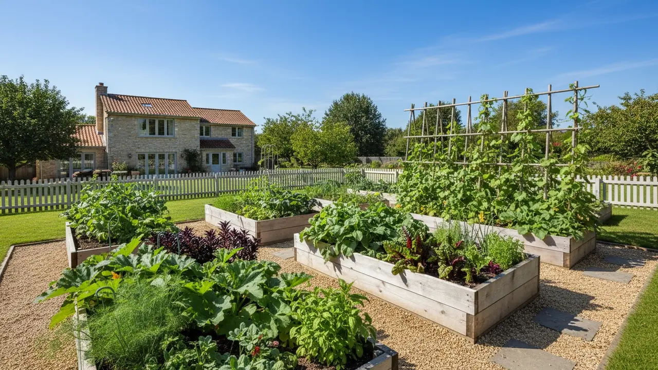 Solbeskinnede højbede med grøntsager og krydderurter, stier og espalier i en køkkenhave.