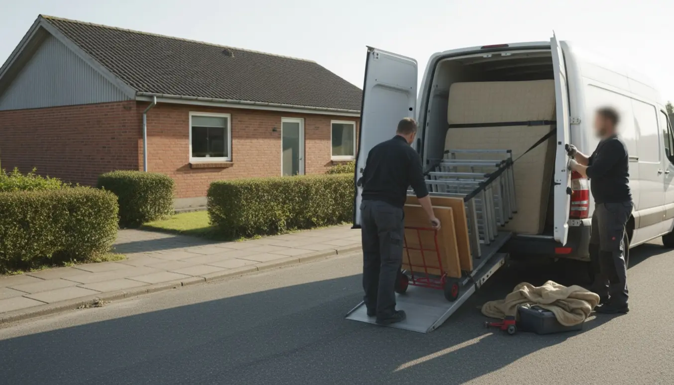 To personer læsser en seng ind i en varevogn foran et hus, ansigter ikke synlige.