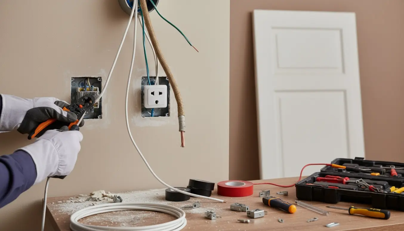 Håndværker udskifter en stofledning og forbinder to nye stikkontakter på en væg.
