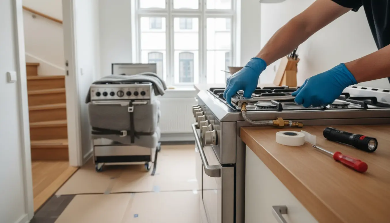 Flytning og installation af et gaskomfur i en lejlighed med værktøj og gasforbindelse i fokus.