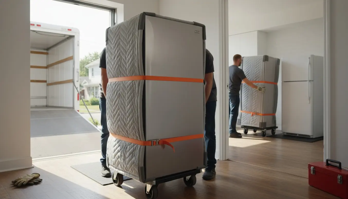 Et rustfrit køleskab flyttes på en dolly gennem en opgang mod elevatoren, mens et andet køleskab fjernes i et køkken.