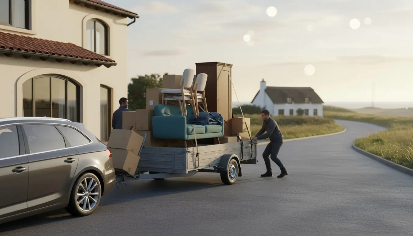 En åben trailer ved en villavej læsset med møbler, klar til transport mod et kysthus.