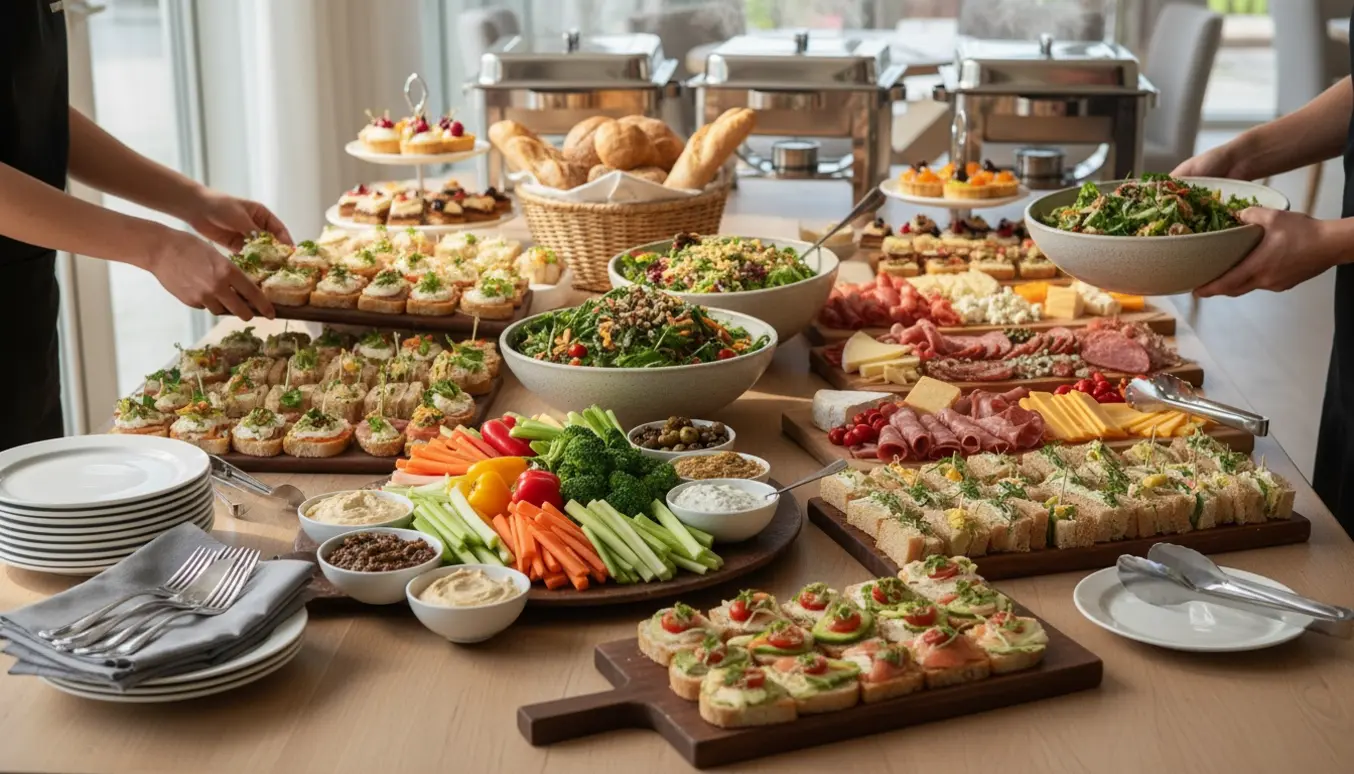 Langt buffetbord med anrettede fade, salater og bestik klar til frokost til 30–35 personer.