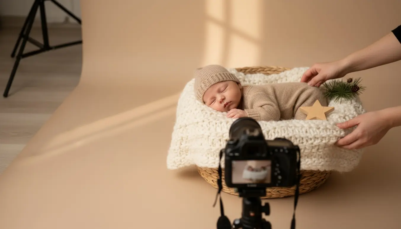 Studieportræt af en 5 måneder gammel baby i en kurv med blødt lys og fotografens hænder i billedet.