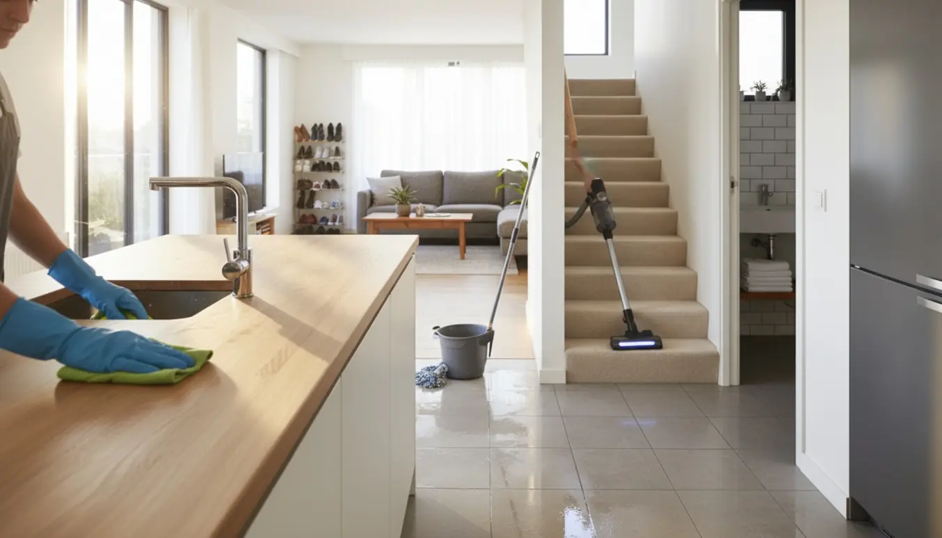 Rengøringshjælper tørrer køkkenbord i et lyst åbent alrum med støvsuger på trappen i baggrunden.