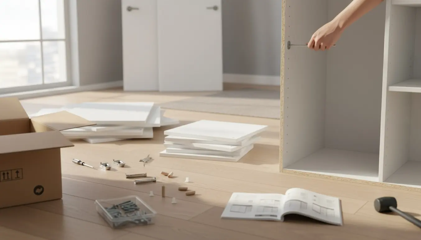 Hænder monterer et hvidt fladpakket klædeskab med to låger og fem hylder omgivet af skruer og værktøj.