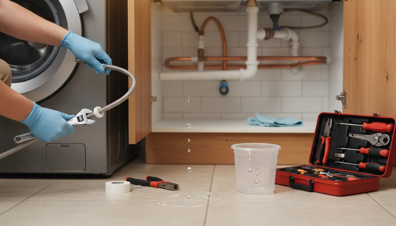 Nogen tilslutter en vaskemaskine og reparerer dryppende vandrør i et køkken, med værktøj og en spand til dråber.