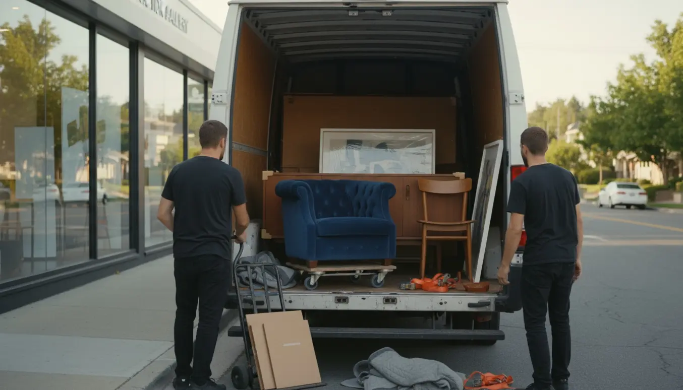 To flyttefolk læsser beskyttede møbler fra et auktionshus ind i en flyttevogn på en solskinsdag.