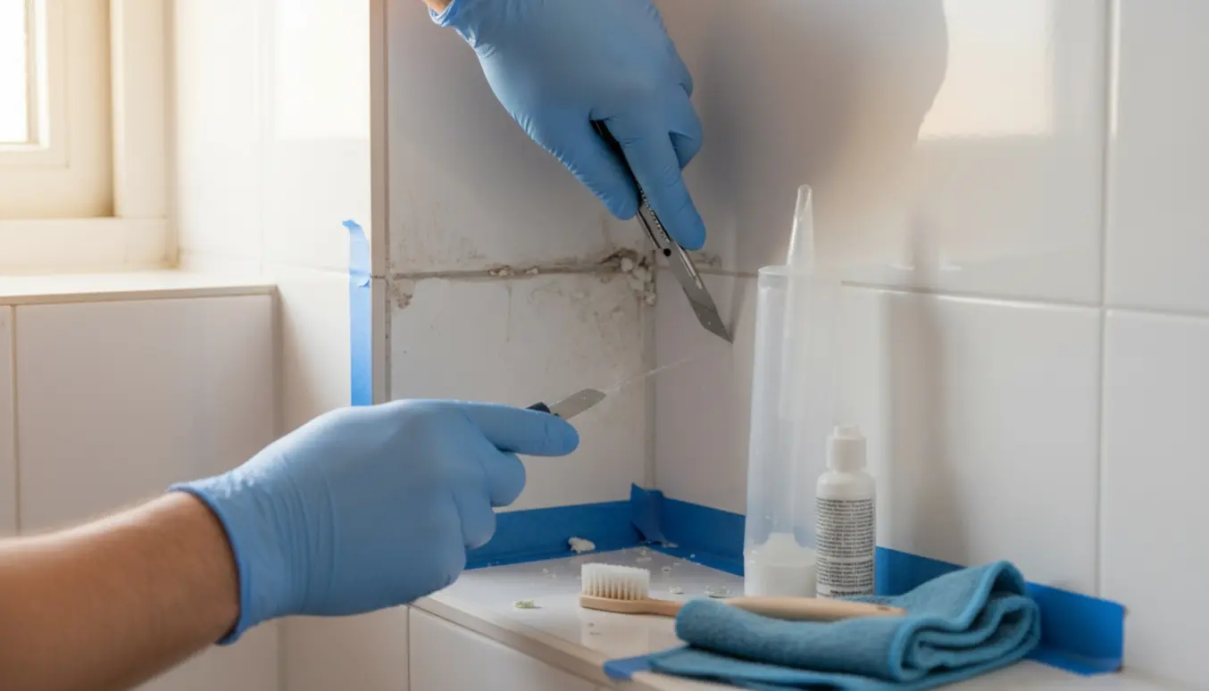 Hænder med handsker fjerner kalk og udskifter silikonefuge i en flisebruseniche.