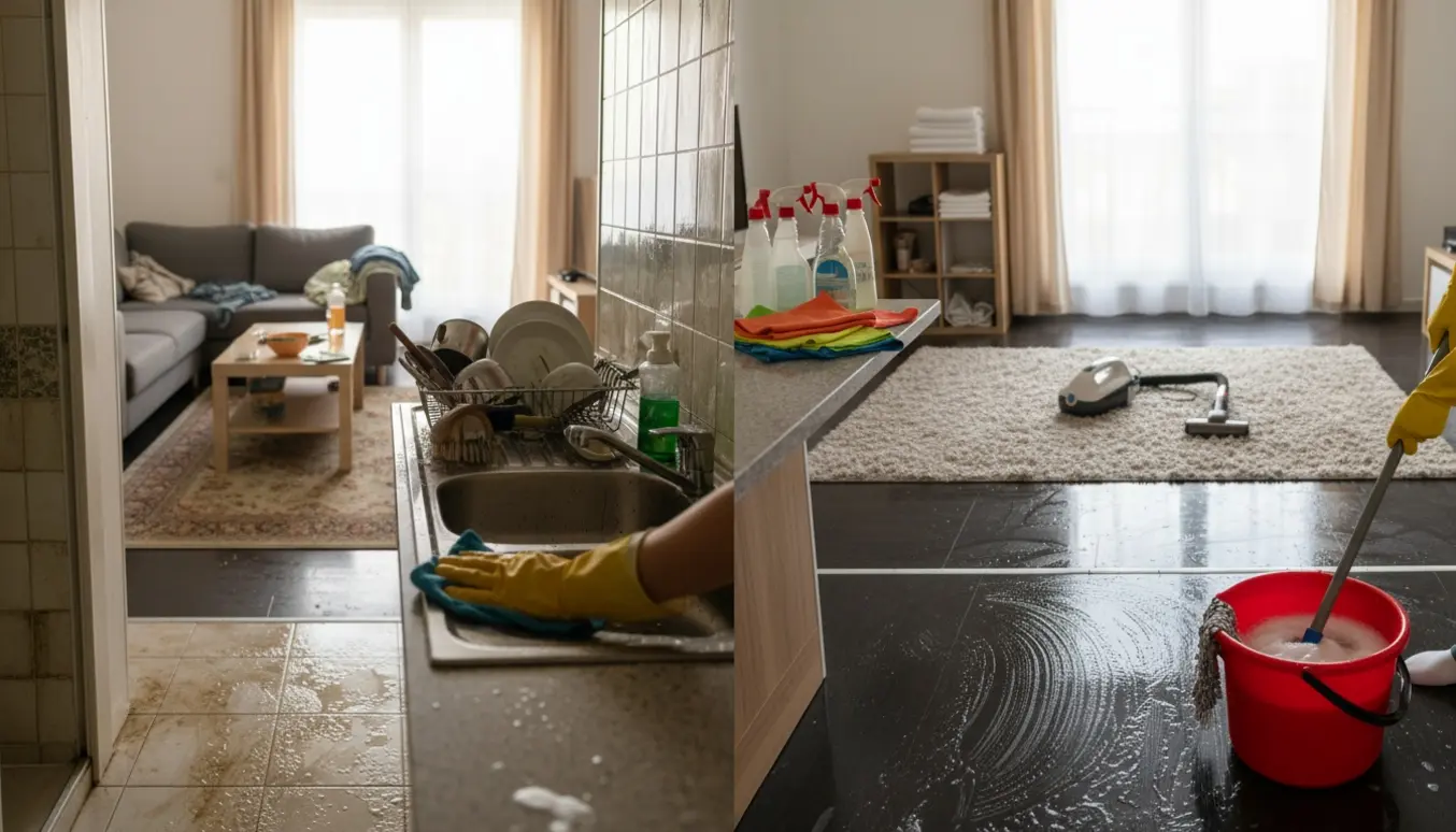 Dybtgående hovedrengøring i en lille lejlighed med moppe, spand og rengøringsudstyr, hvor et før-og-efter-område er synligt.