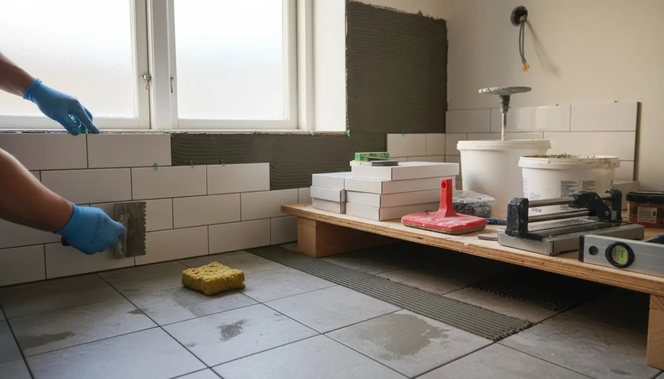 Hænder lægger fliser i et lille badeværelse på Nørrebro med værktøj og materialer i forgrunden.