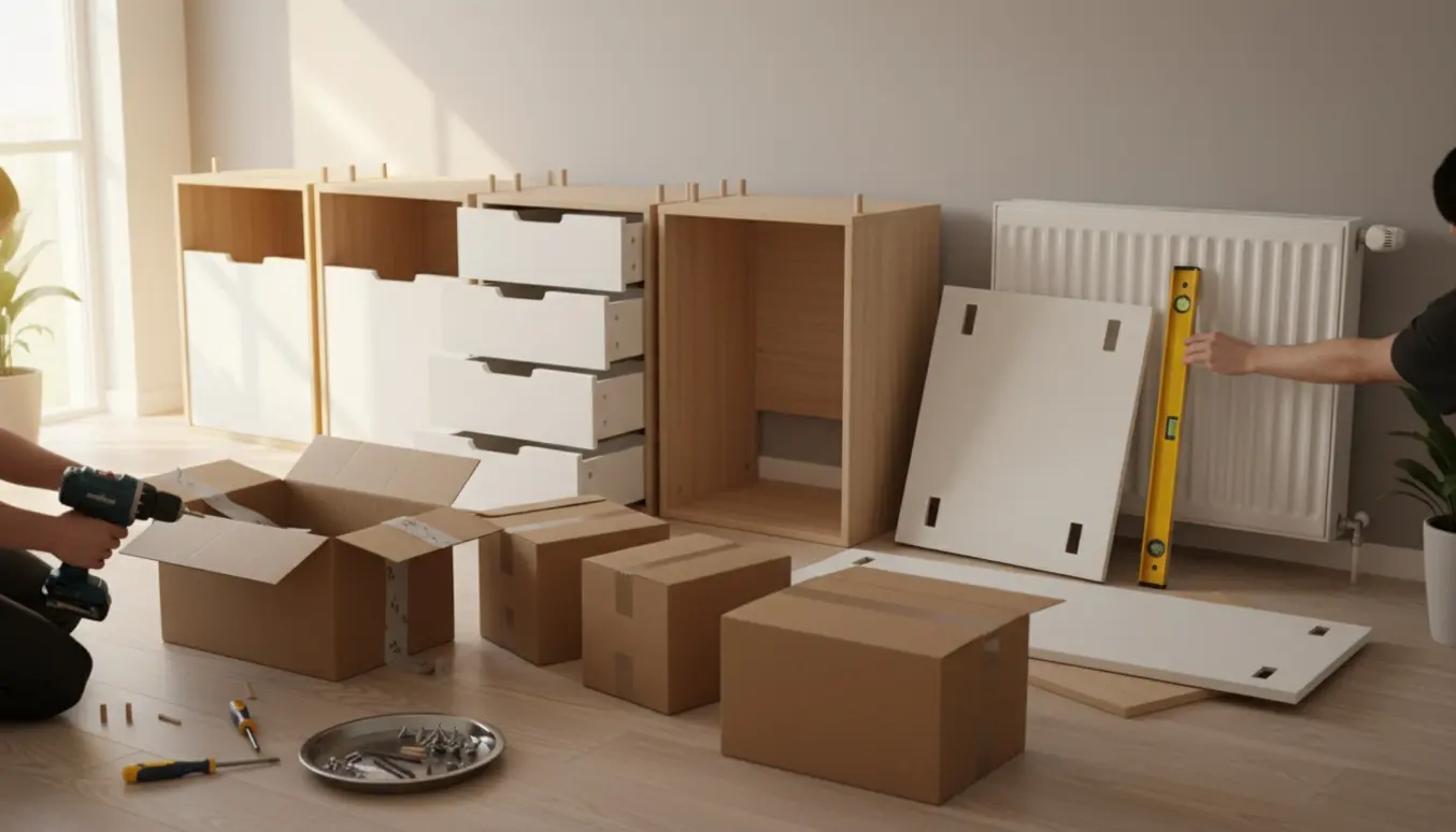 Hænder samler tre IKEA-skænke i stuen, åbner kasser med en boremaskine og retter en elektrisk radiator op med vaterpas.