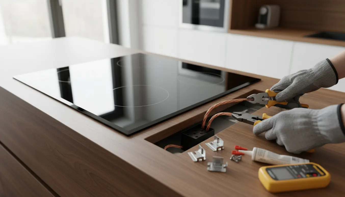Nærbillede af en person, der monterer en sort glaskogeplade i en udskåret bordplade med værktøj og elektriske ledninger synlige.