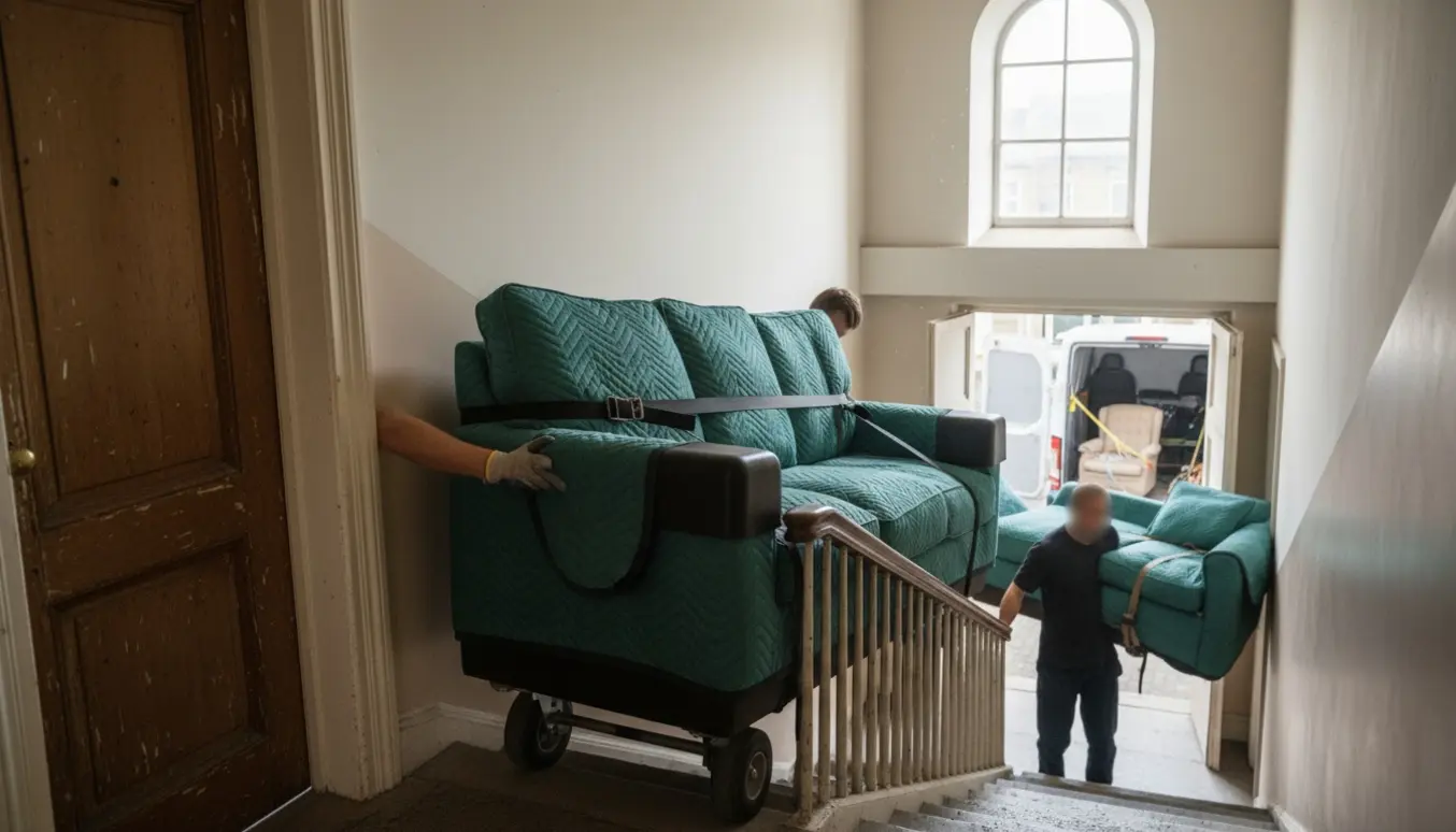 Flyttefolk bærer et indpakket sofasæt ned ad en opgang mod en ventende flyttevogn.